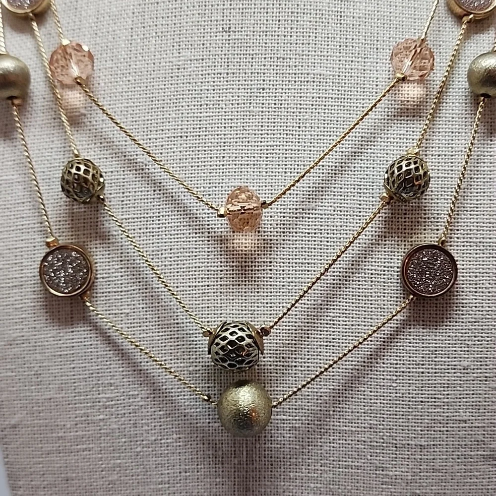 Three Strand Station Bead Ball Crystal Faux Pave Necklace - Picture 7 of 8